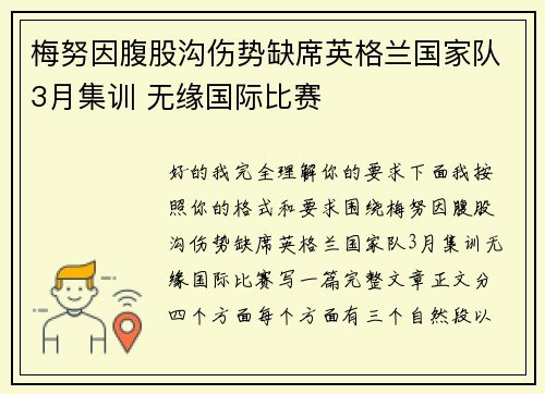 梅努因腹股沟伤势缺席英格兰国家队3月集训 无缘国际比赛