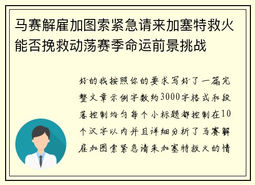 马赛解雇加图索紧急请来加塞特救火能否挽救动荡赛季命运前景挑战
