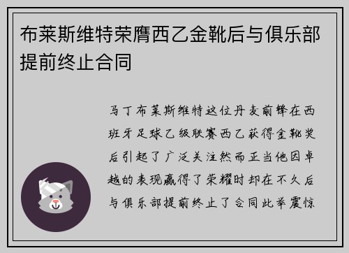 布莱斯维特荣膺西乙金靴后与俱乐部提前终止合同